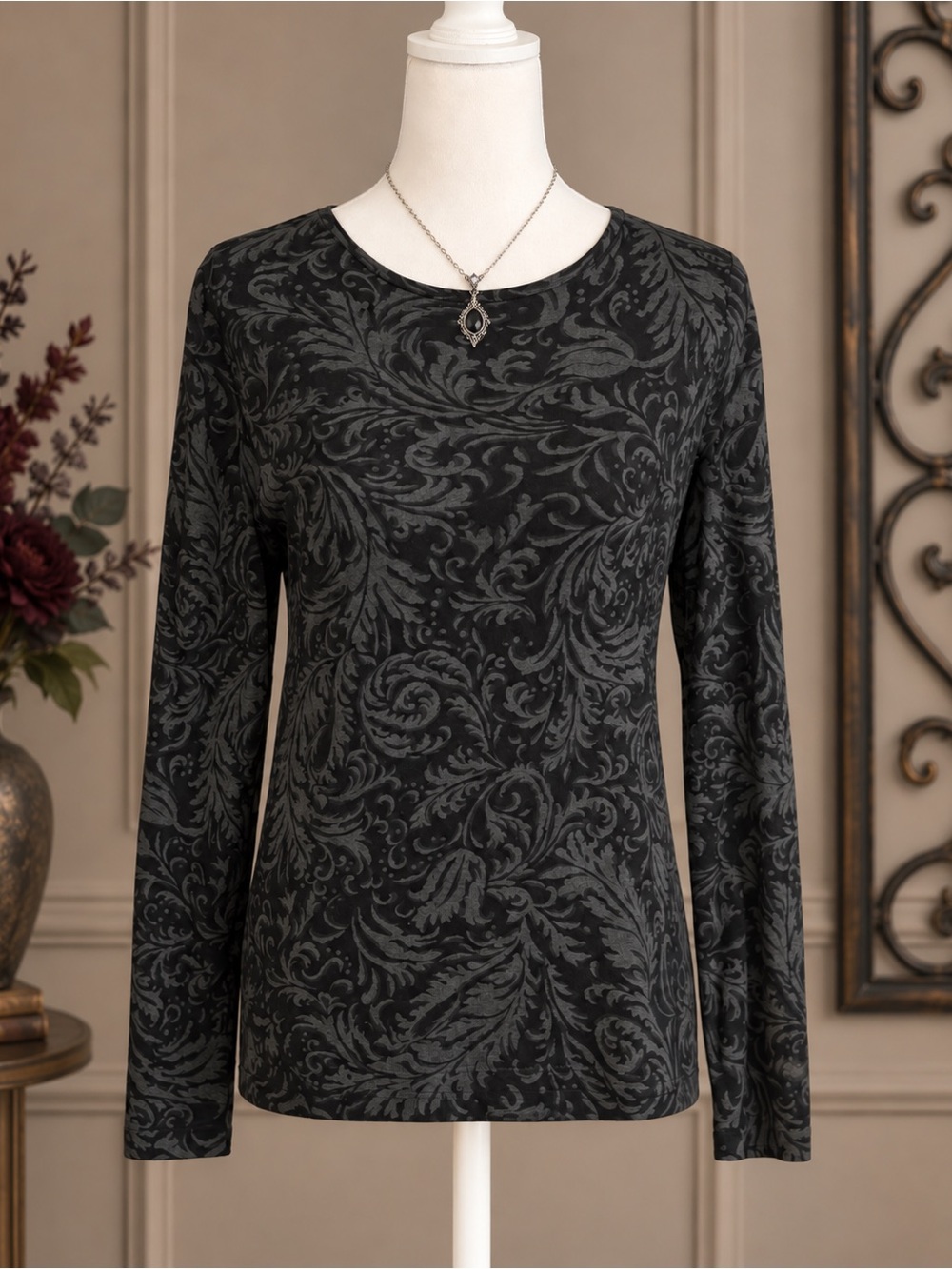 Lauren Ralph Lauren Black Tonal Scroll-Print Long-Sleeve Tee